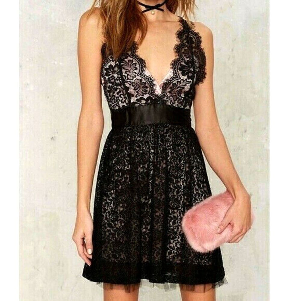Nasty Gal Black Lace Pink Babydoll Mini Dress Whimsigoth Vampy Gothic XXS XS 0 2
